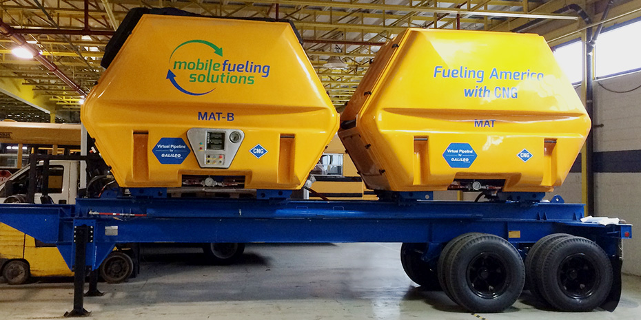 The mobile platform of this Virtual Pipeline uses a VST-2 trailer, equipped with a MAT-B container having an hydraulic compressor and a pump to run as a mobile station with a fuel stock of CNG higher than 700 GGE (about 2500 m<sup>3</sup>).